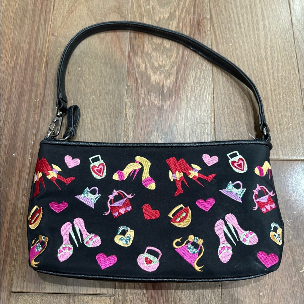 Black Embroidered Heart & Shoe Shoulder Bag